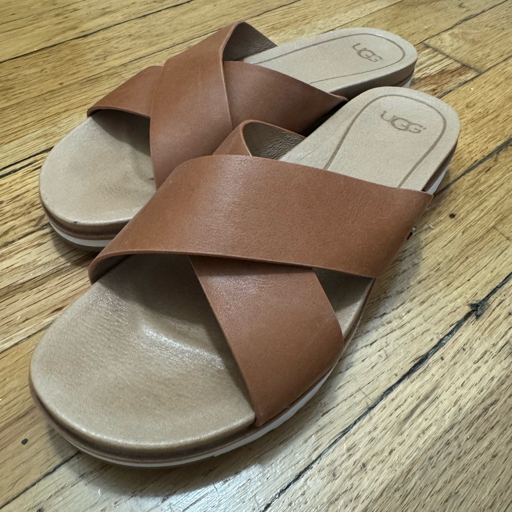 UGG Criss Cross Strap Tan Leather Sandals, Women’s Size 8 Crossover Slides Brown